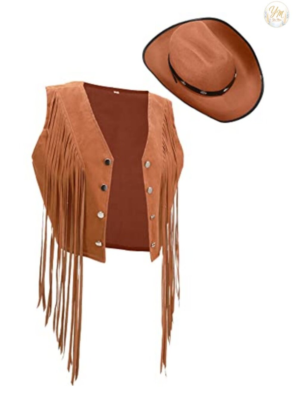 Faux Suede Fringe Vest Cowboy Hat Set Western Hippie Costume